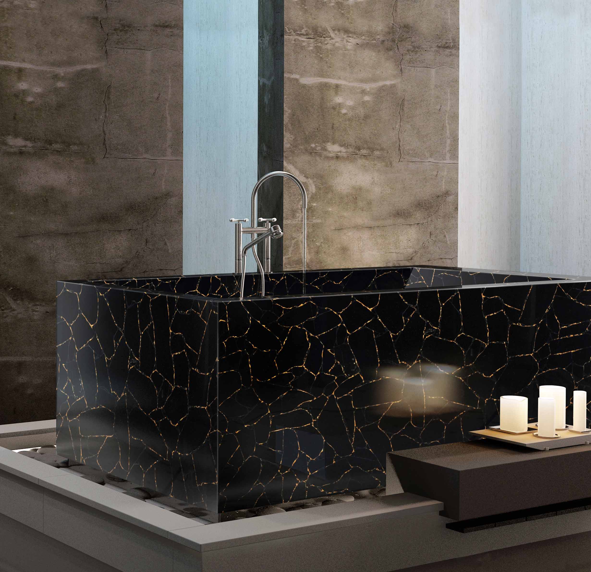 Obsidian Black With Gold Bathtube Absolute Kitchen Granite